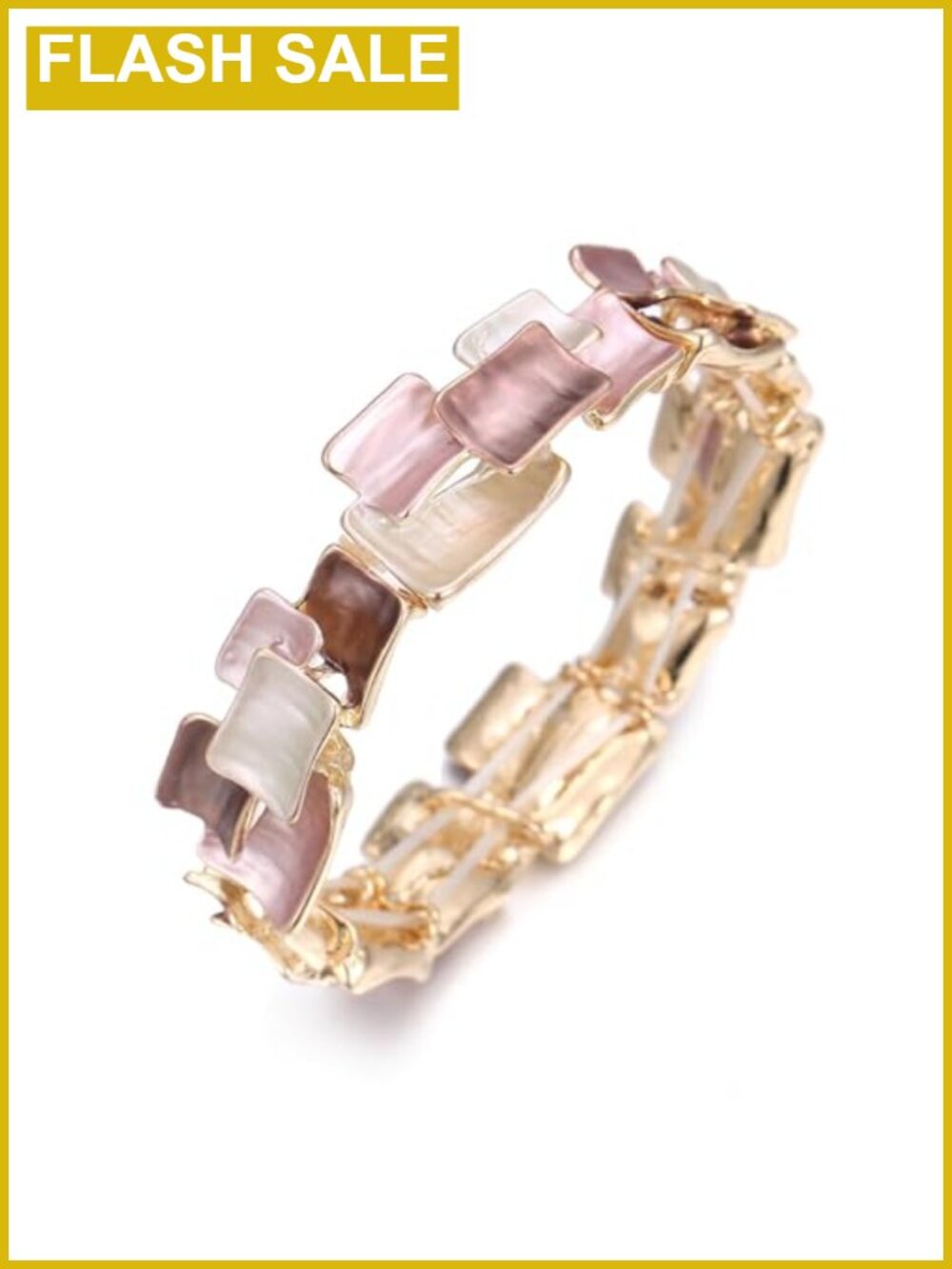 Gold Plated Enamel Square & Rectangle Bangle Adjustable Stretch Bracelet for